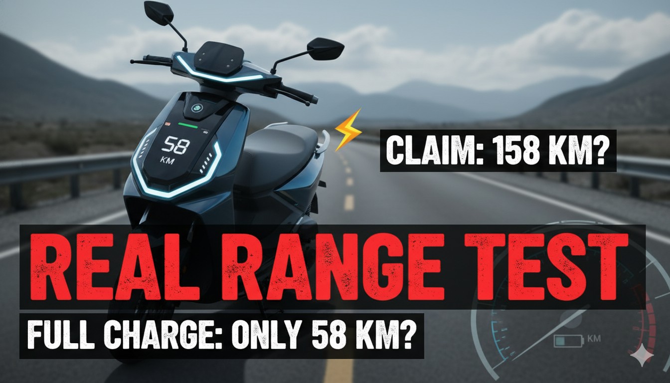 TVS Orbiter इलेक्ट्रिक स्कूटर शहर की सड़कों पर रेंज टेस्ट के दौरान चलते हुए, बैटरी इंडिकेटर और स्पीडोमीटर दिखाते हुए।