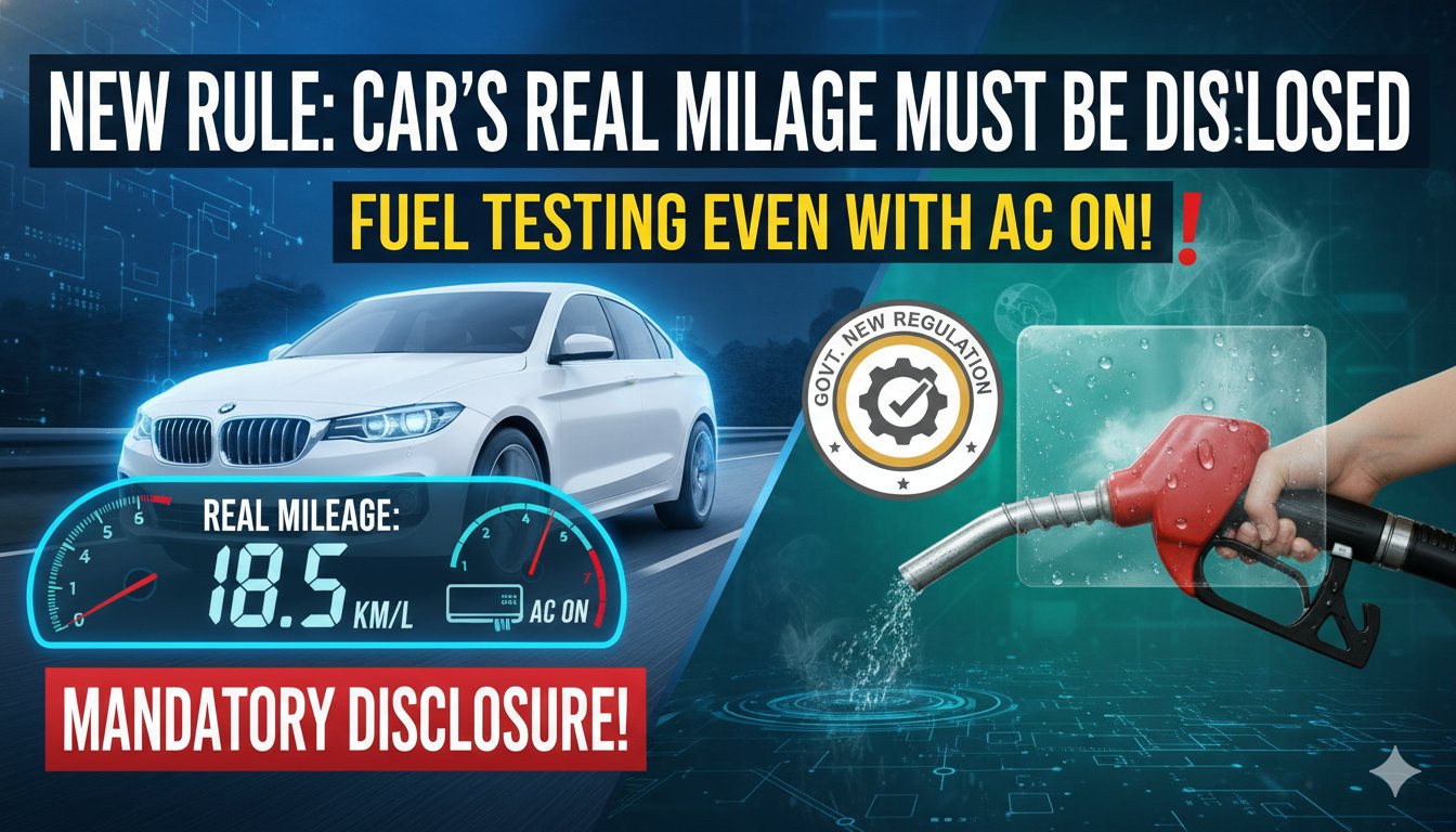 भारतीय सरकार का नया कार माइलेज टेस्टिंग नियम दिखाती इमेज