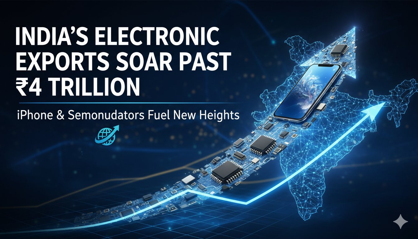 भारत के इलेक्ट्रॉनिक निर्यात में वृद्धि दर्शाती फैक्ट्री और उत्पादों की छवि