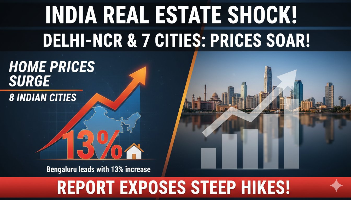 भारत के प्रमुख शहरों में 2025 में घरेलू संपत्ति कीमतों में बढ़ोतरी दिखाने वाला ग्राफ, बेंगलुरु में 13% उछाल हाइलाइट