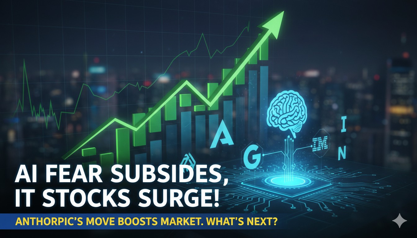 AI टेक्नोलॉजी और स्टॉक मार्केट ग्राफ के साथ भारतीय IT शेयरों में उछाल दिखाता फीचर्ड इमेज