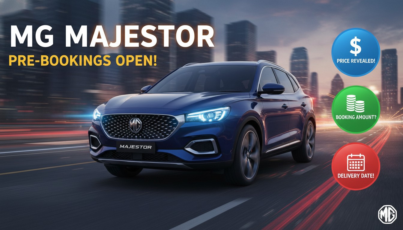MG Majestor SUV front view with bold grille and LED headlights, premium full-size 7-seater in India