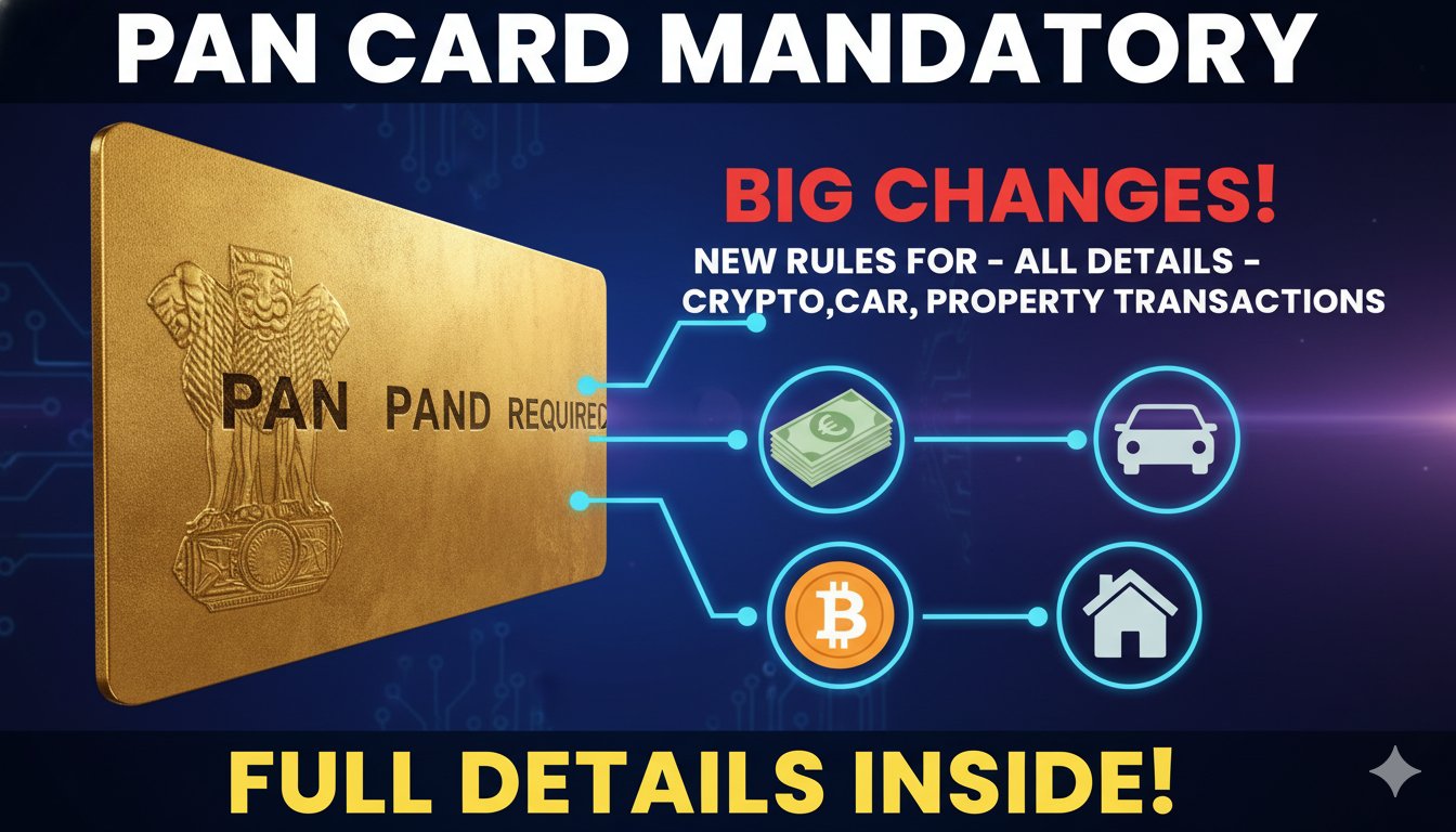 PAN कार्ड के साथ कैश, कार, प्रॉपर्टी और क्रिप्टो ट्रांजैक्शन दिखाते हुए ग्राफिक