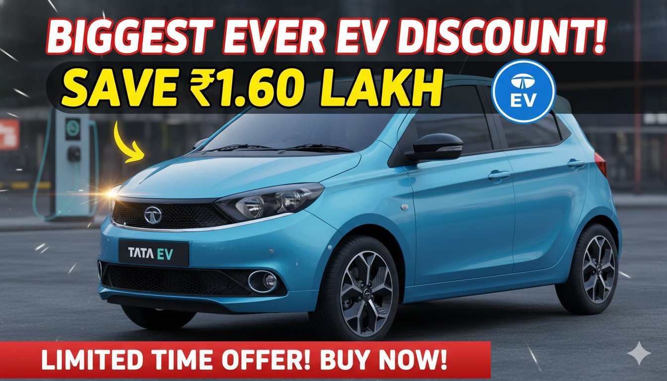 Alt Text for featured image : टाटा पंच ईवी कार फ्रंट व्यू में बंपर छूट ऑफर के साथ, ₹1.60 लाख तक बचत दिखाते हुए