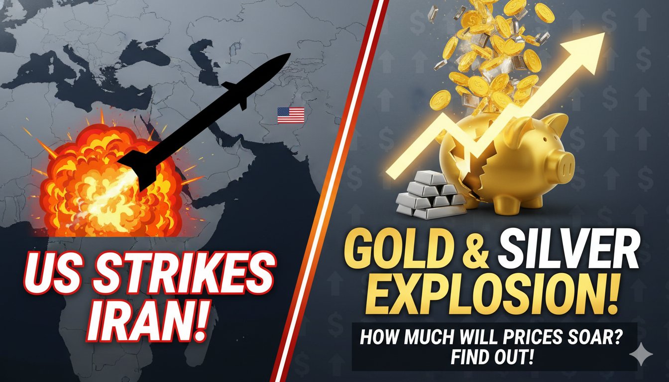 अमेरिका ईरान तनाव के बीच सोने की चमकती हुई बार और बढ़ती कीमतों का ग्राफ दिखाता इमेज