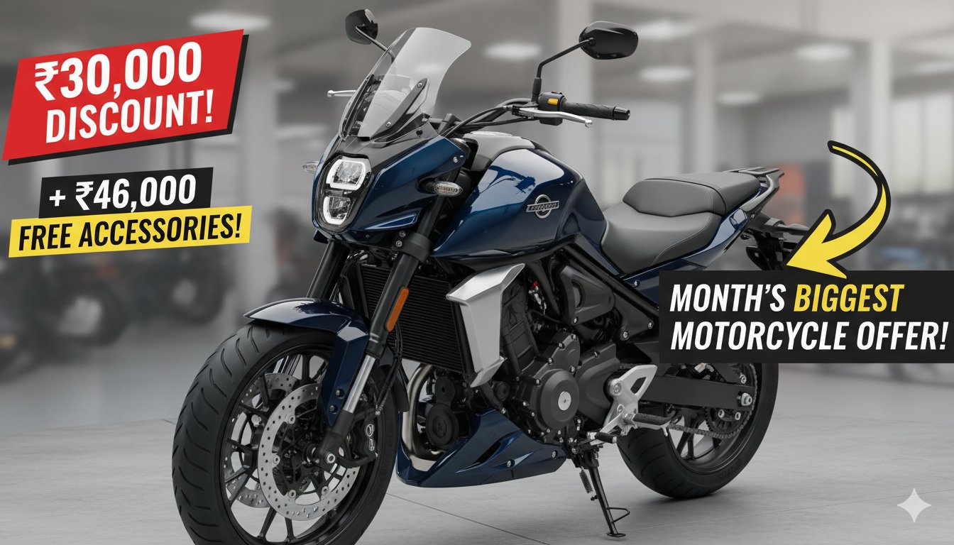 Kawasaki Versys-X 300 motorcycle with free panniers and centre stand accessories on display