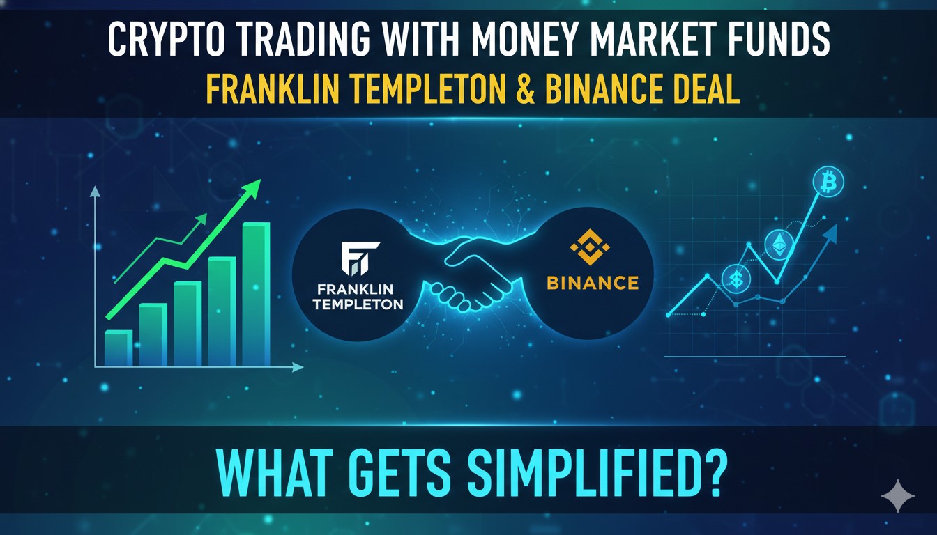 फ्रैंकलिन टेम्पलटन और बायनेन्स लोगो के साथ टोकनाइज्ड मनी मार्केट फंड और क्रिप्टो ट्रेडिंग का ग्राफिक इलस्ट्रेशन