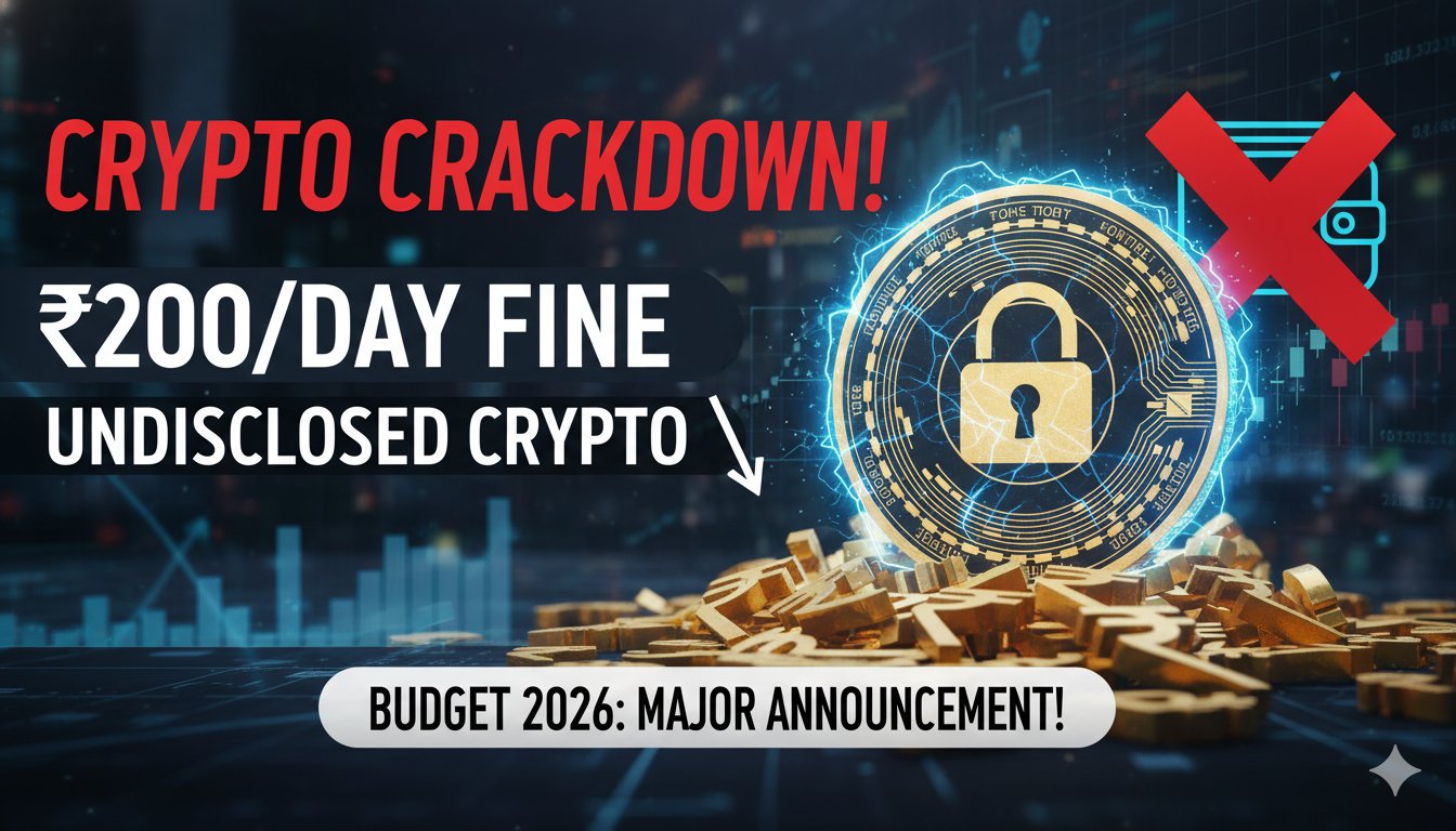 भारतीय बजट 2026 में क्रिप्टो पेनल्टी का ऐलान दिखाती इमेज, जिसमें फाइनेंस मिनिस्टर और क्रिप्टो कॉइन्स।