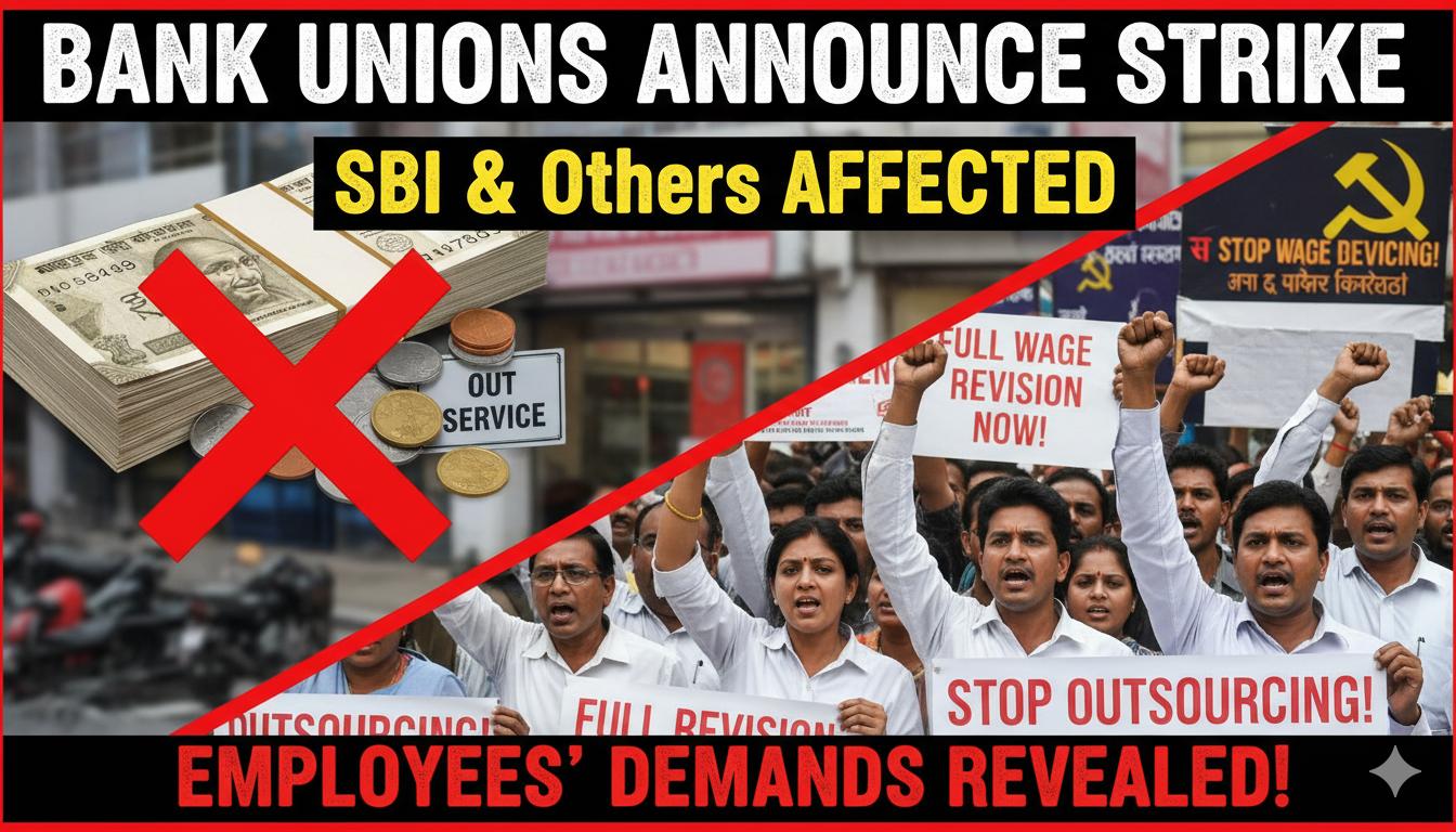 12 फरवरी 2026 को बैंक यूनियनों की हड़ताल से प्रभावित बैंक शाखा का दृश्य, कर्मचारी प्रदर्शन