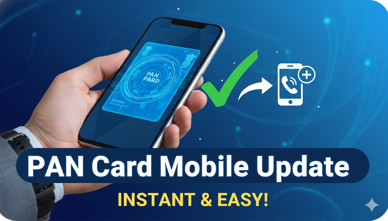PAN कार्ड मोबाइल नंबर अपडेट प्रक्रिया दिखाता ग्राफिक, ऑनलाइन फॉर्म और OTP वेरिफिकेशन