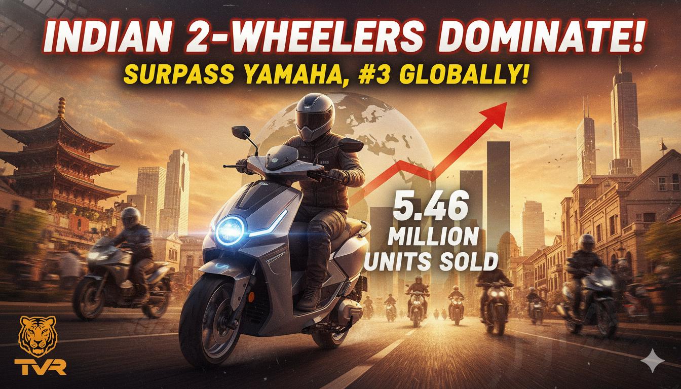 TVS Motor कंपनी का लोगो और दोपहिया वाहन, वैश्विक तीसरा स्थान हासिल करने का जश्न