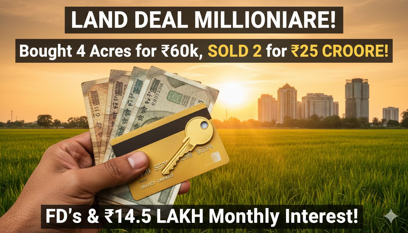 Alt Text for featured image : राधाकिशन दमानी और DMart लोगो के साथ जमीन डील की ग्राफिक इमेज, 60 हजार से 25 करोड़ तक का निवेश सफर दिखाता हुआ