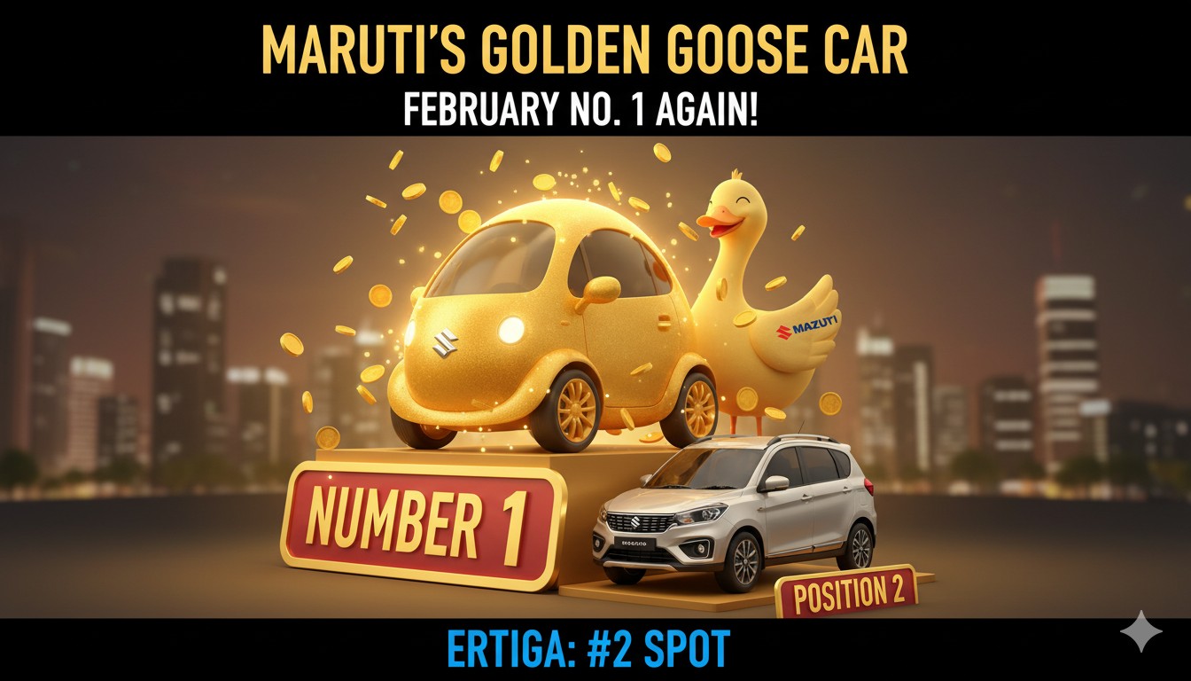 मारुति सुजुकी अर्टिगा कार की फ्रंट व्यू, 7-सीटर एमपीवी मॉडल जो फरवरी 2026 में सबसे ज्यादा बिकी