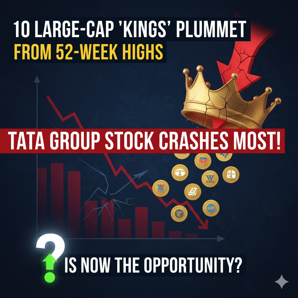 52-वीक हाई से गिरे प्रमुख लार्ज कैप स्टॉक्स का ग्राफ, टाटा ग्रुप के ट्रेंट सहित TCS और अन्य शेयरों की गिरावट दिखाता हुआ